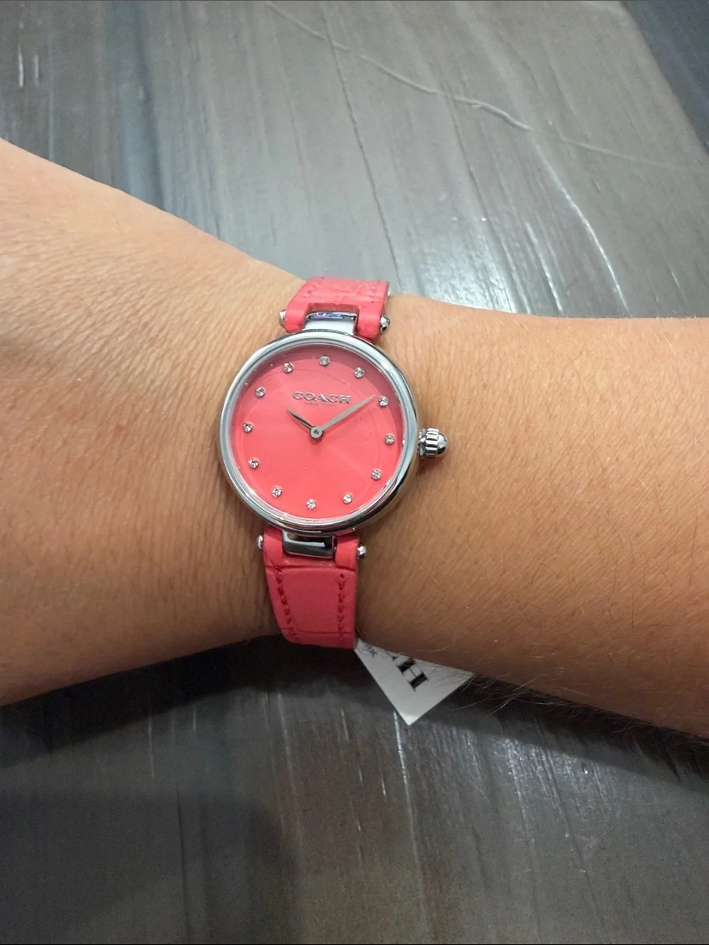 New Coach Coral Pink Leather Women Watch with Crystal Markers